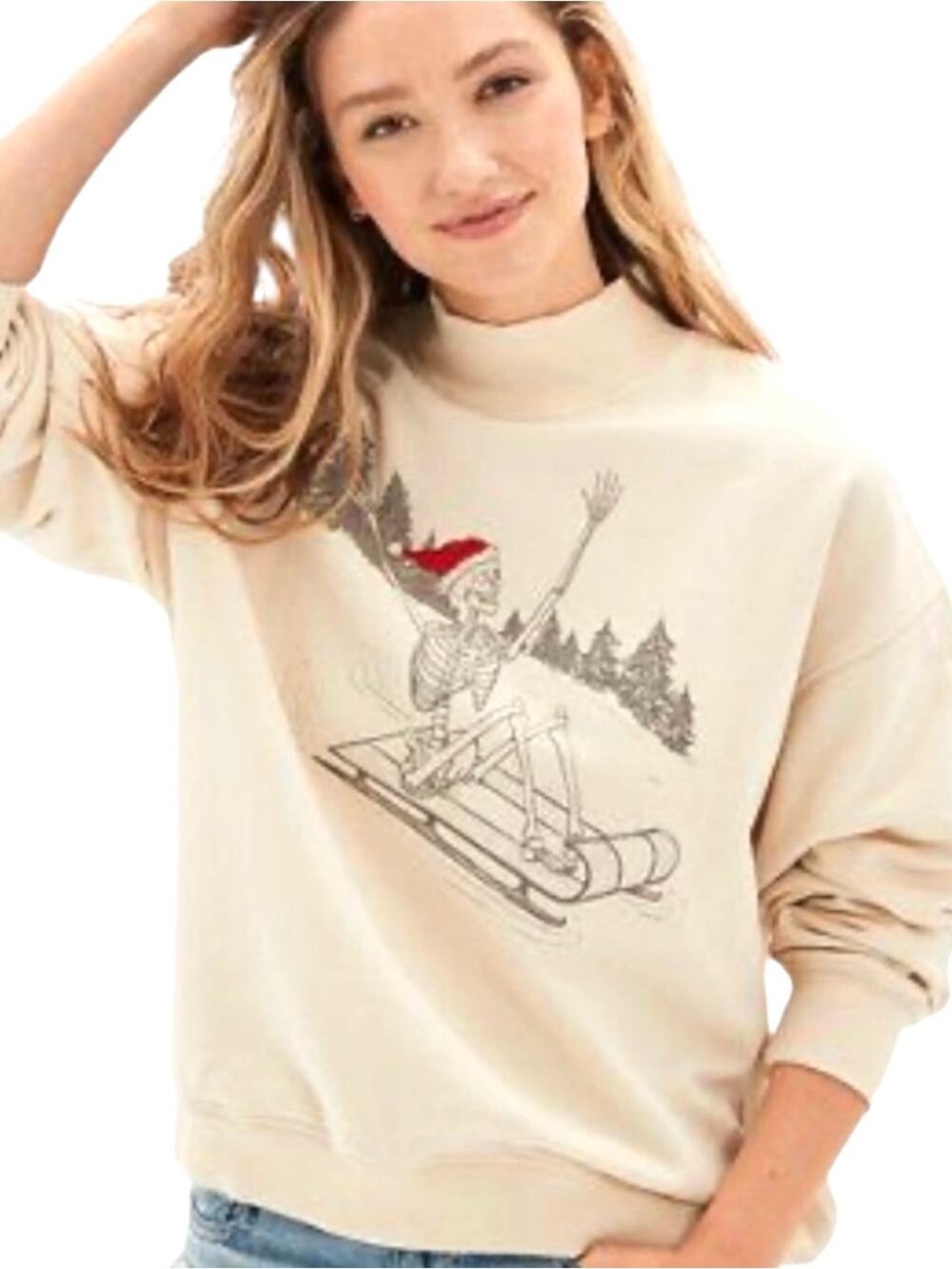 American Eagle Sledding Santa Skeleton Sweatshirt Size XS Halloween Christmas